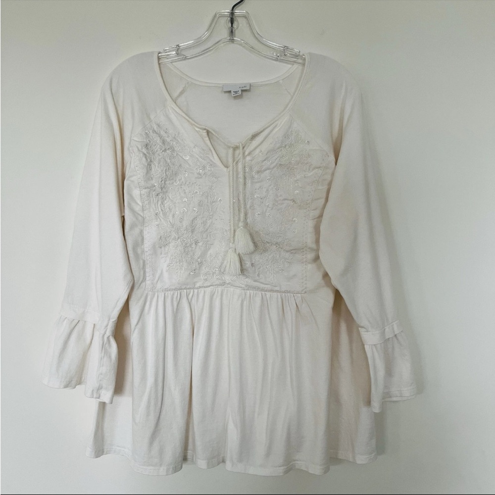 J.Jill Top Women's Long Sleeve Tassel Floral Embroidered Tunic Blouse Ivory 2X